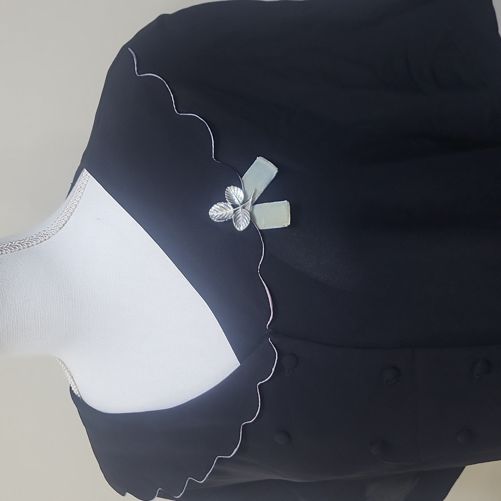 Vintage 1930s-mid 40s Black Button Top Scallop Collar Short Sleeve Belted Dress